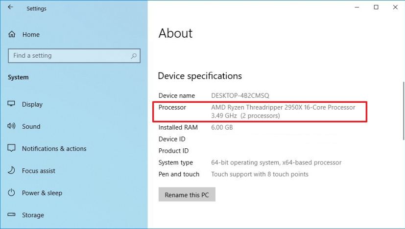 Windows 10 About settings processor details