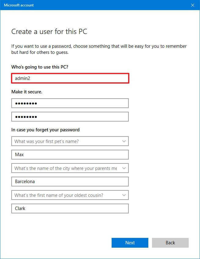 User account details and security questions