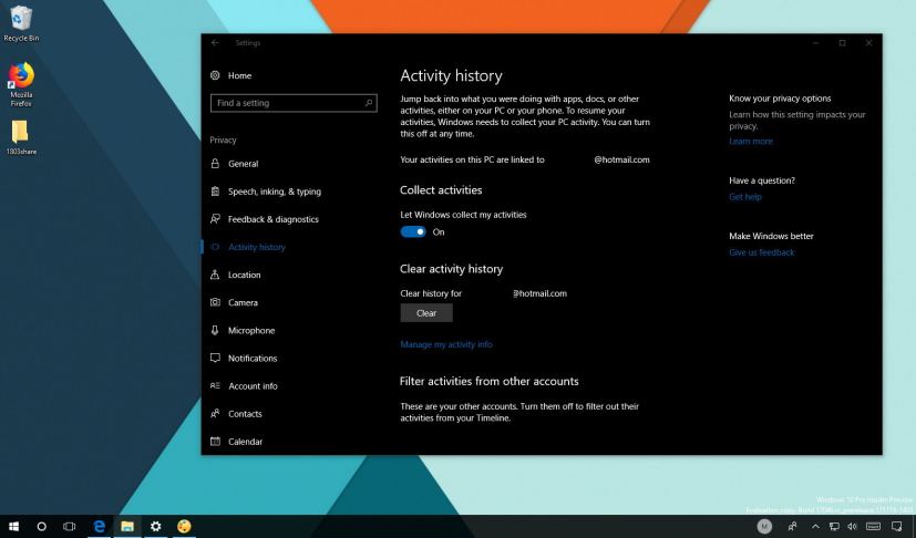 Activity history settings on Windows 10