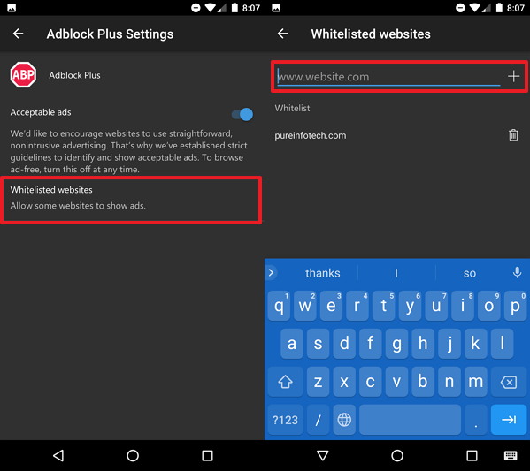 Microsoft Edge mobile Adblocker Plus whitelist settings