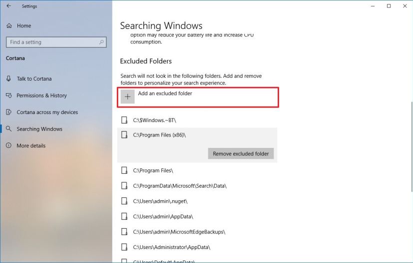 Exclude folders from search on Windows 10 version 1903