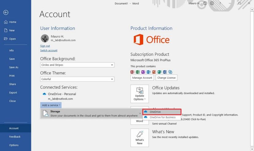 Office (Word) reconnect OneDrive account