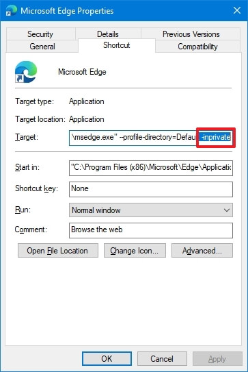 Microsoft Edge always InPrivate command