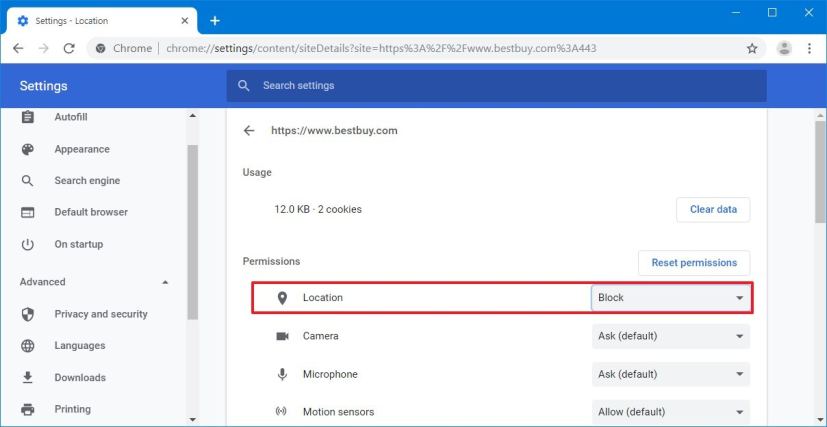 Chrome block location tracking on website
