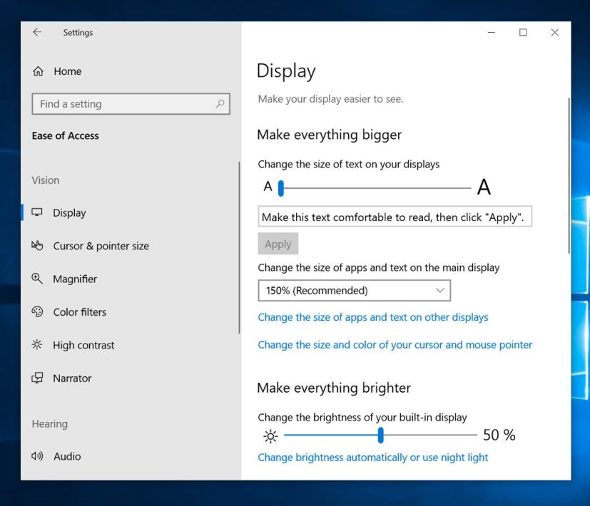 Ease of Access new increase font size settings