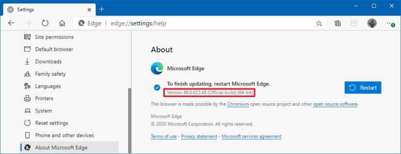 About page check version of Edge