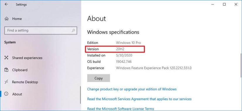 Settings About check Windows 10 version number