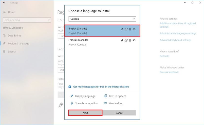 Choose a language to install on Windows 10