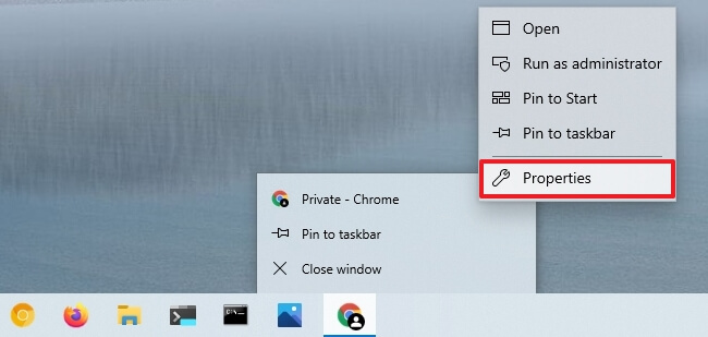 Google Chrome icon properties option