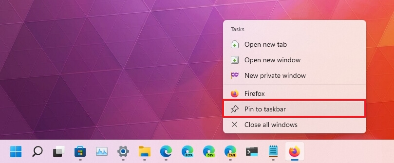 Taskbar right-click pin option