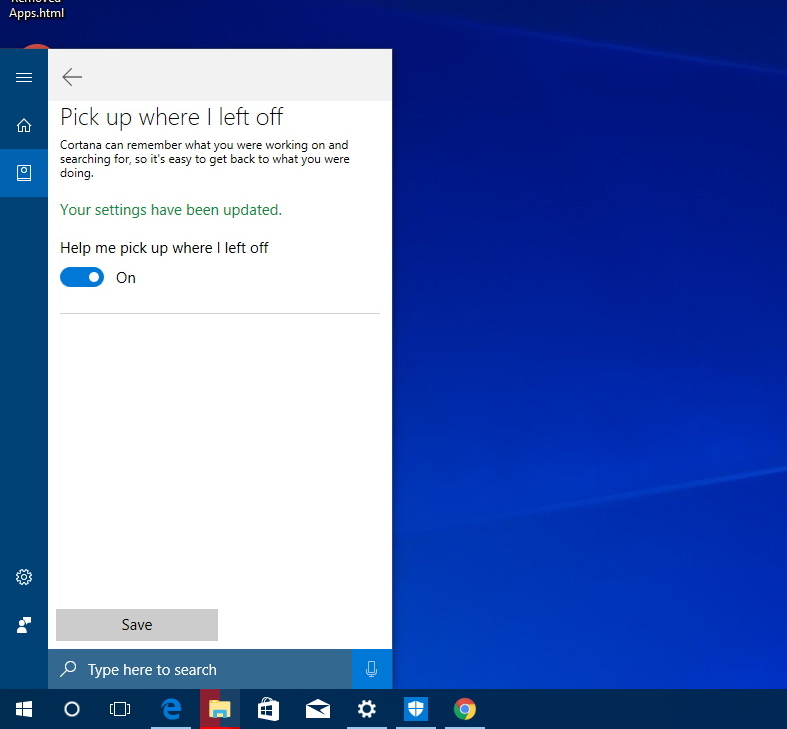 Cortana Notebook settings for Pick up where I left off