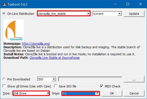 Create Clonezilla USB with Tuxboot