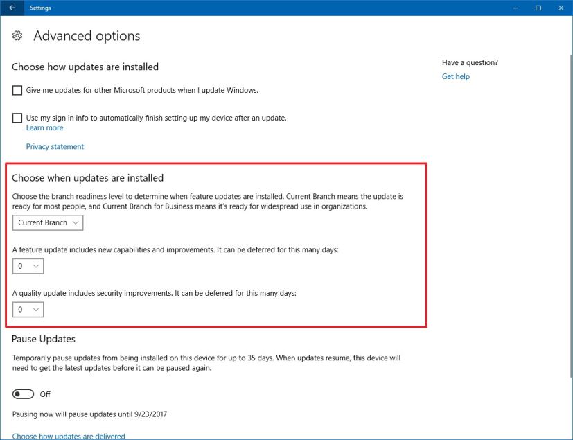 Windows Update advanced settings