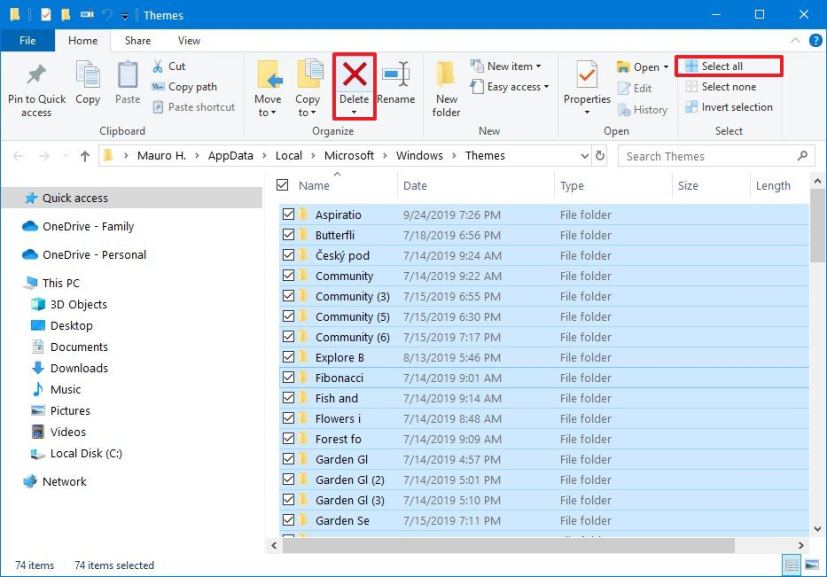 Delete all themes at once on Windows 10