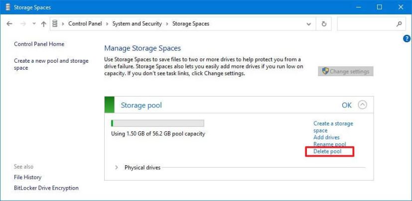 Control Panel delete storage pool option