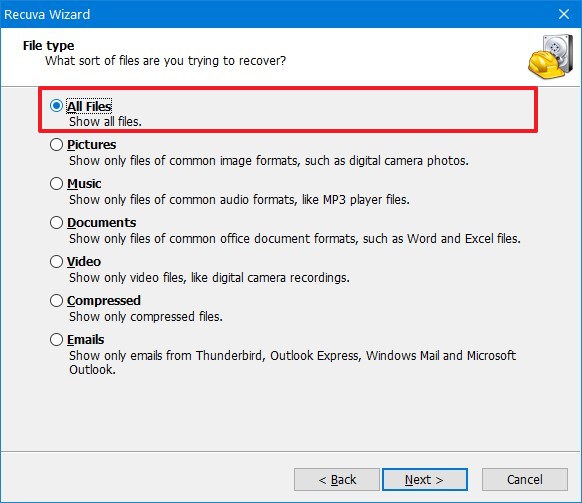 File recovery type using Recuva