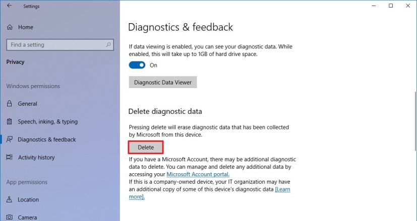 Diagnostic & feedback settings on Windows 10 version 1803