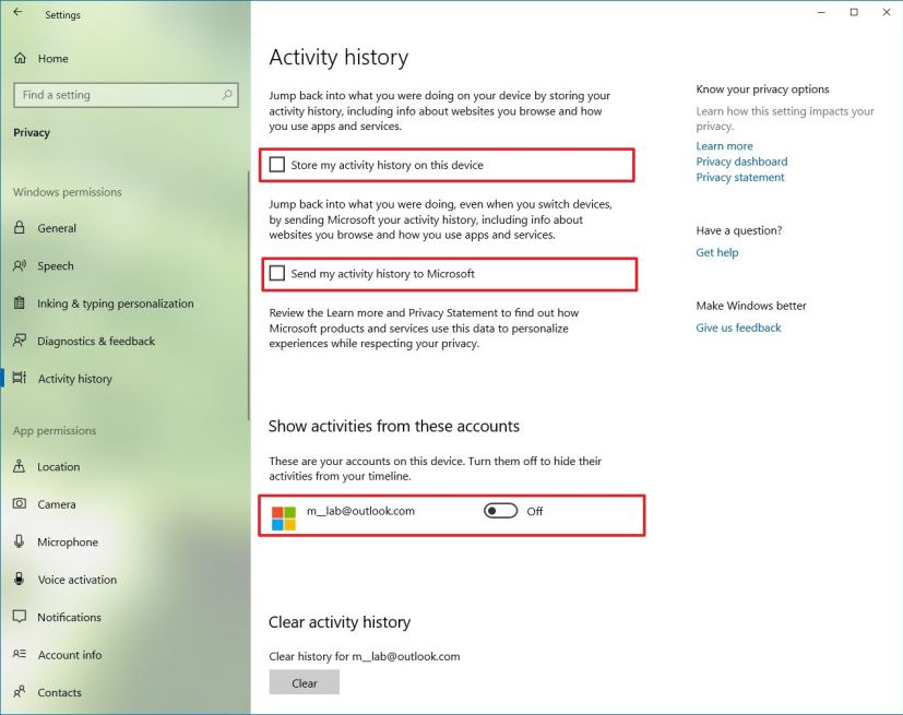 Activity history settings to disable TImeline on Windows 10