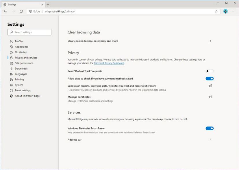 Microsoft Edge, Chromium, Privacy and services page