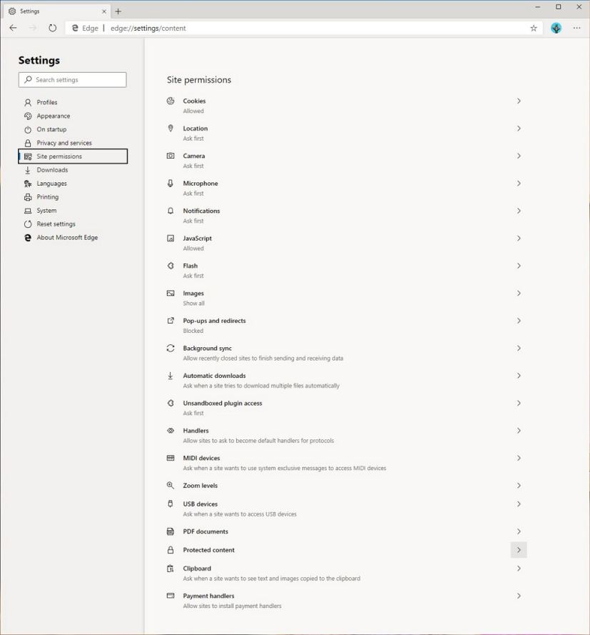 Microsoft Edge, Chromium, Site Permissions page