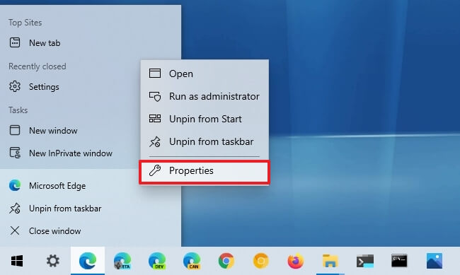 Microsoft Edge app properties option