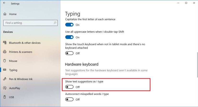 Enable text suggestions for hardware keyboard on Windows 10