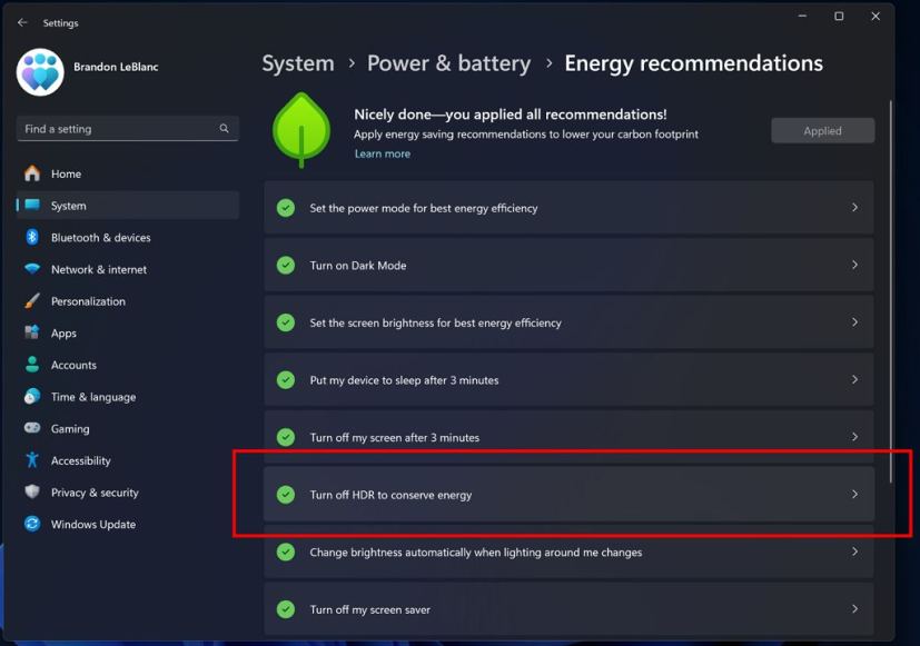 Turn off HDR to conserve energy option