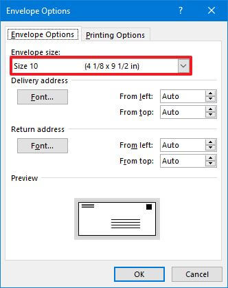 Envelope size settings