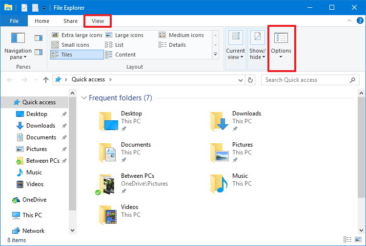 File Explorer View tab Options