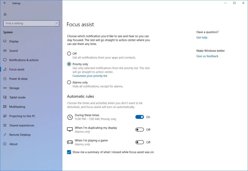 Focus assist settings