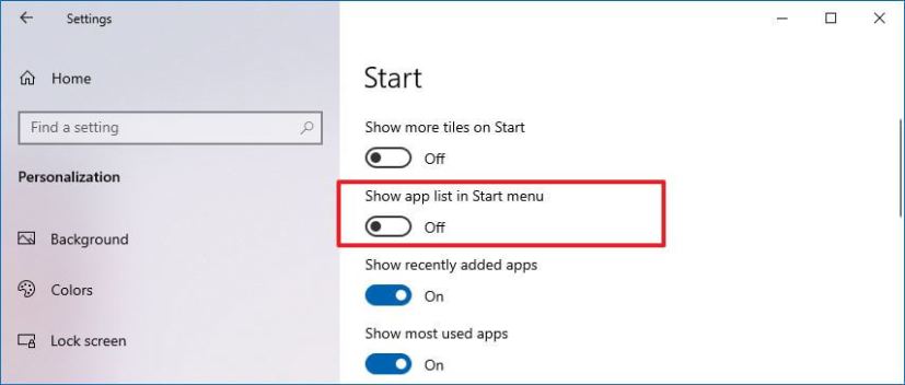 Show/hide app list Start menu