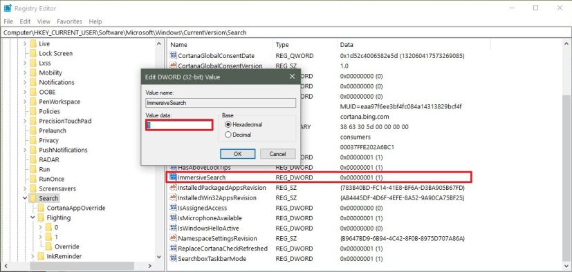 ImmersiveSearch regedit