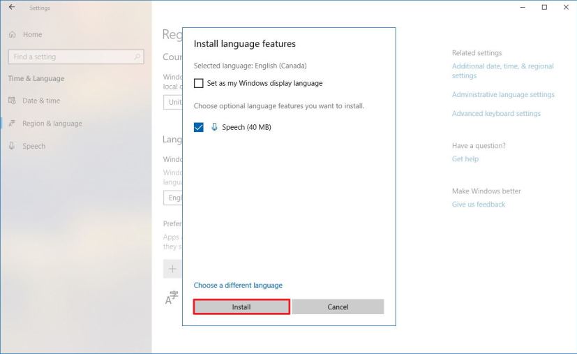 Install languages features on Windows 10