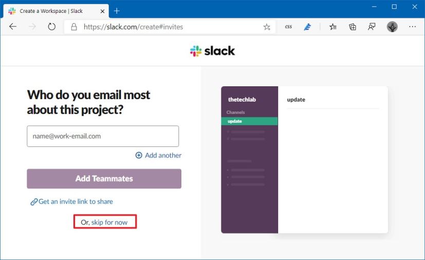 Slack setup invite people option