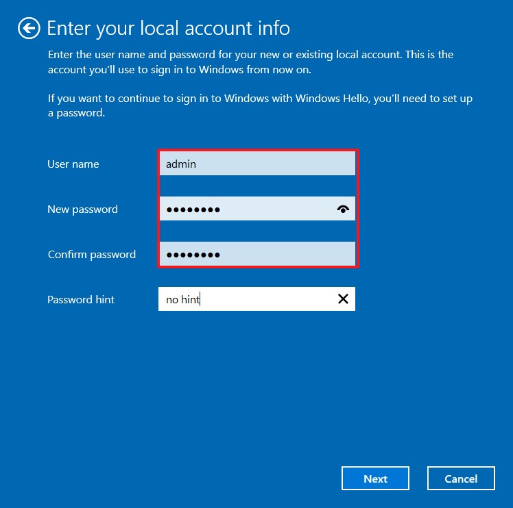 Windows 10 local account information