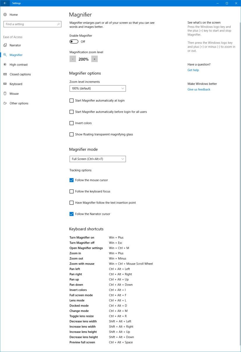 Magnifier settings on Windows 10