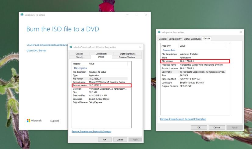 Media Creation Tool version (left), Windows 10 ISO version (right)