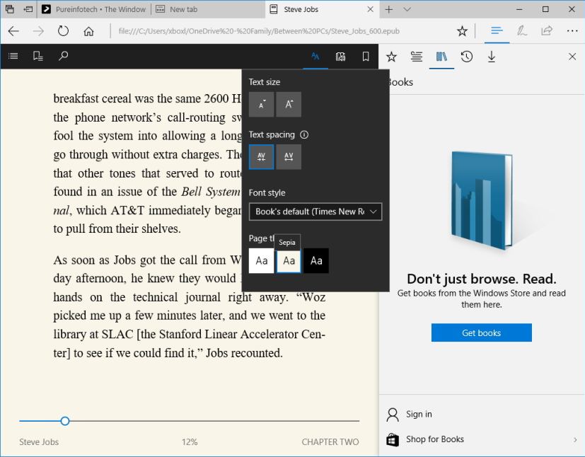 Microsoft Edge e-book reader