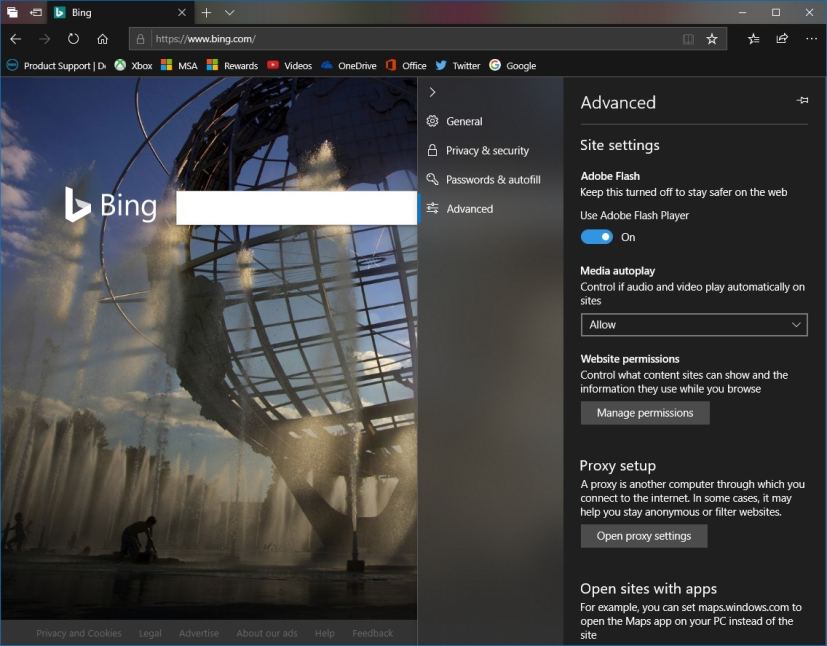 Microsoft Edge Settings menu in version 1809