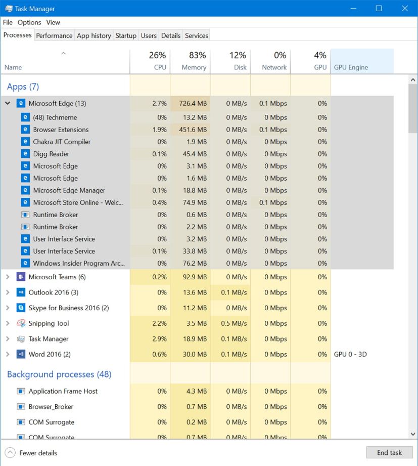 Microsoft Edge processes on Task Manager