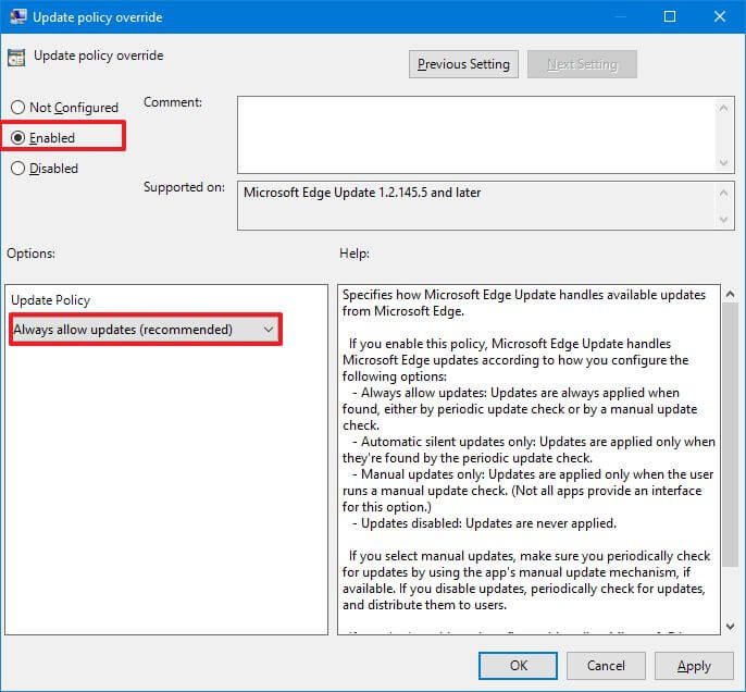 Microsoft Edge update policy override
