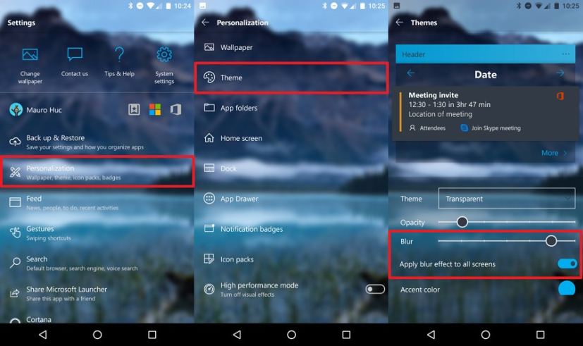 Microsoft Launcher theme blur effect settings