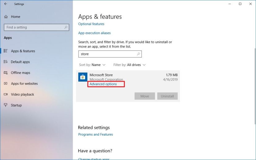 Microsoft Store app advanced settings