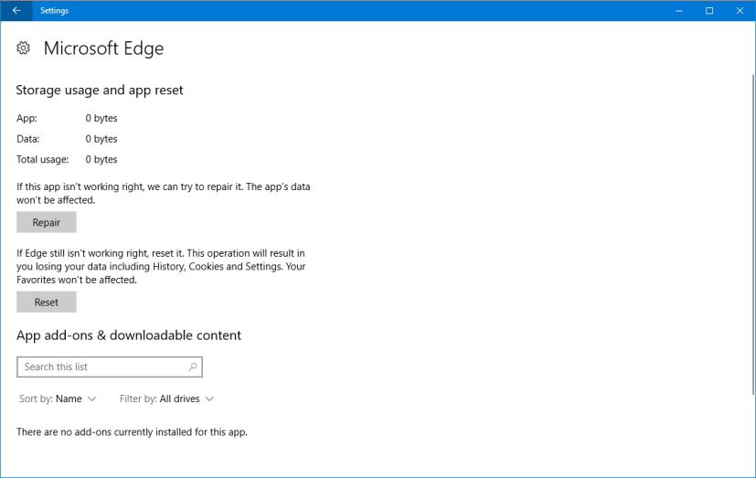 Microsoft Edge reset and repair options