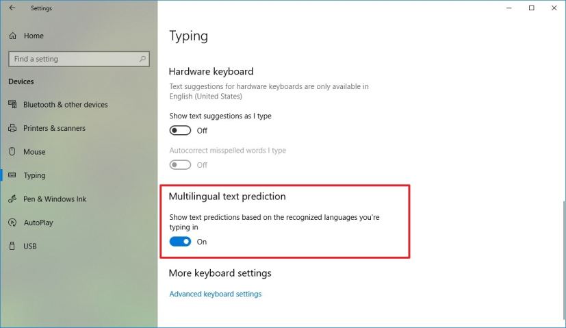 Multilingual text prediction settings