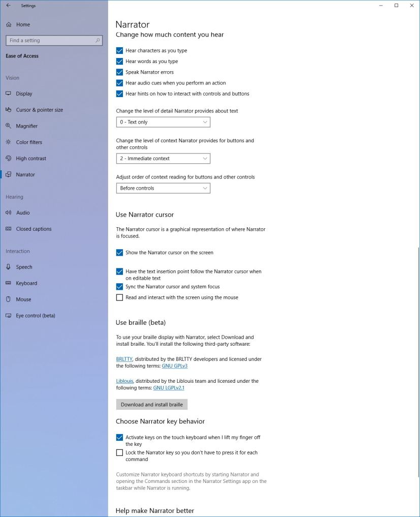 Narrator settings on Windows 10 version 1803 (part 2)