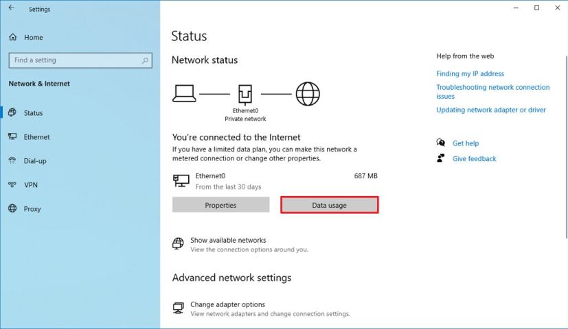 Data usage option on Network status page