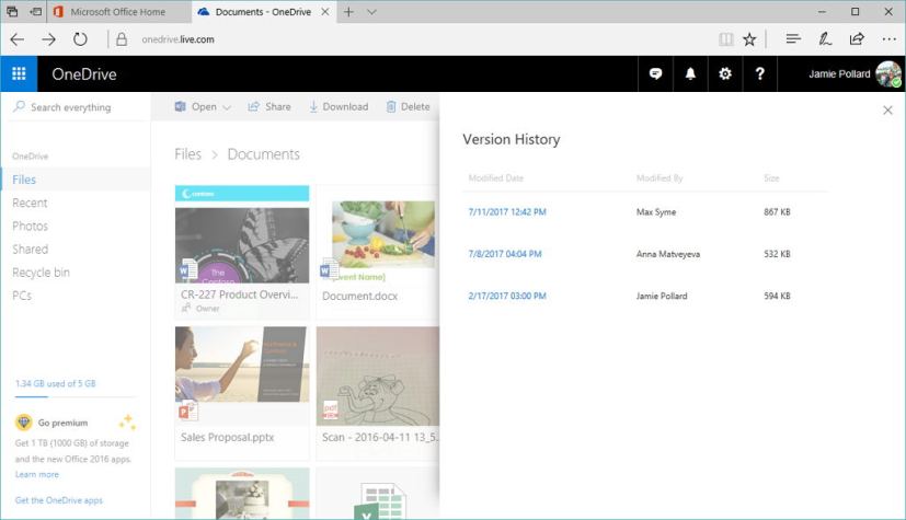 OneDrive version history list