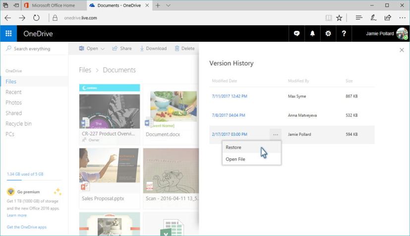 OneDrive version history restore