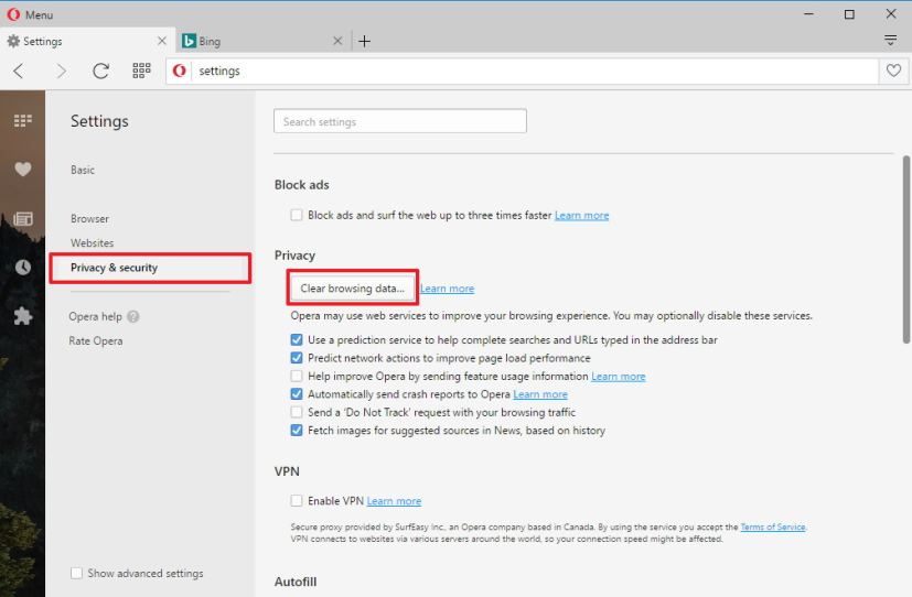Opera Privacy & security settings